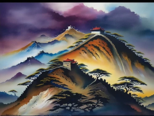 mountain scene,mountain landscape,mountainous landscape,mountains,cloud mountain,japanese mountains,volcanic landscape,mountain slope,high mountains,yellow mountains,himalayas,mountain,himalaya,mountain peak,giant mountains,the landscape of the mountains,mount scenery,volcano,annapurna,mountain sunrise,Illustration,Paper based,Paper Based 04