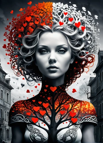 red dahlia,fractals art,queen of hearts,fantasy art,red petals,red flower,red chrysanthemum,red rose,sci fiction illustration,world digital painting,deep coral,medusa,red magnolia,flower of passion,bodypainting,red roses,fire flower,body painting,red flowers,illustrator,Photography,Artistic Photography,Artistic Photography 06