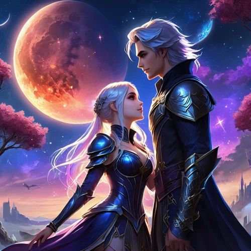 the moon and the stars,moon and star background,moon and star,lunar eclipse,cg artwork,fantasy picture,stars and moon,couple goal,celestial bodies,sun and moon,father and daughter,herfstanemoon,celestial event,mother and father,dusk background,the stars,beautiful couple,luna,skyflower,valentines day background,Illustration,Realistic Fantasy,Realistic Fantasy 01