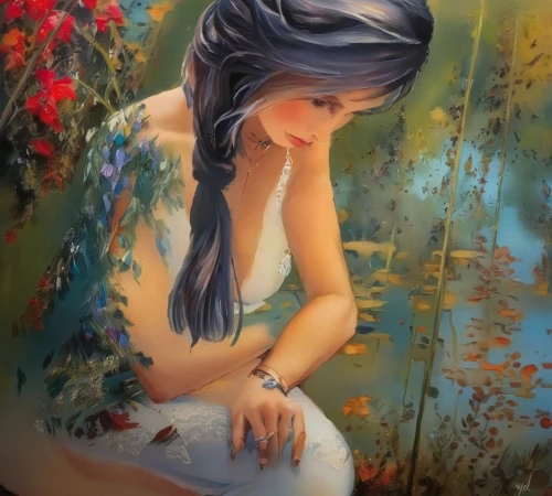 water nymph,mermaid background,oil painting on canvas,oil painting,girl with a dolphin,girl in flowers,girl picking flowers,girl in the garden,art painting,flower painting,watercolor mermaid,fantasy art,faerie,mystical portrait of a girl,faery,girl sitting,beautiful girl with flowers,jasmine blue,mermaid,oil on canvas,Illustration,Paper based,Paper Based 04