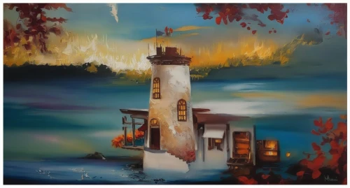 lighthouse,light house,murano lighthouse,red lighthouse,petit minou lighthouse,electric lighthouse,point lighthouse torch,painting technique,oil painting on canvas,night scene,art painting,illuminated lantern,oil painting,crisp point lighthouse,coastal landscape,sea landscape,house by the water,oil on canvas,italian painter,light station,Illustration,Paper based,Paper Based 04