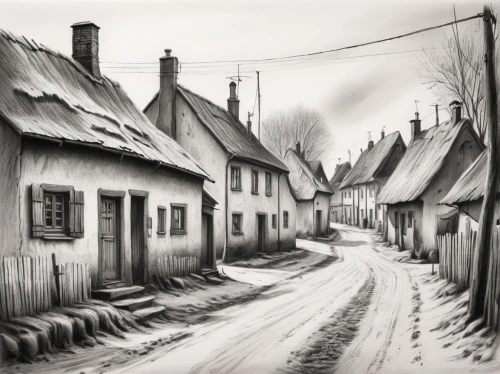 winter village,half-timbered houses,wooden houses,medieval street,cottages,winter landscape,row of houses,escher village,old houses,the cobbled streets,houses clipart,old village,village street,village life,narrow street,snow scene,hamelin,houses,snow landscape,village scene,Illustration,Black and White,Black and White 35