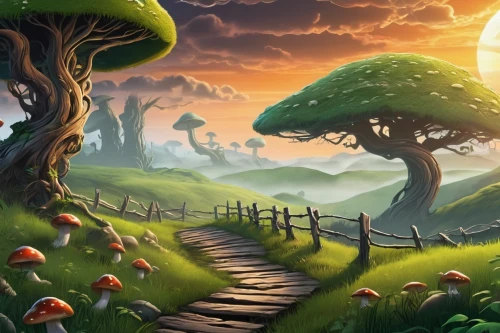 mushroom landscape,cartoon video game background,druid grove,fantasy landscape,mushroom island,fairy forest,elven forest,landscape background,forest landscape,forest background,frog background,cartoon forest,tree top path,forest path,april fools day background,fantasy picture,pathway,devilwood,fairy world,swampy landscape,Unique,Design,Sticker