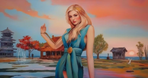 the blonde in the river,girl on the river,fantasy picture,fantasy art,girl with a dolphin,girl in a long dress,oil painting on canvas,art painting,chinese art,khokhloma painting,girl in a long,oriental princess,oil painting,landscape background,fantasy portrait,priestess,blonde woman,photo painting,world digital painting,meticulous painting,Illustration,Paper based,Paper Based 04