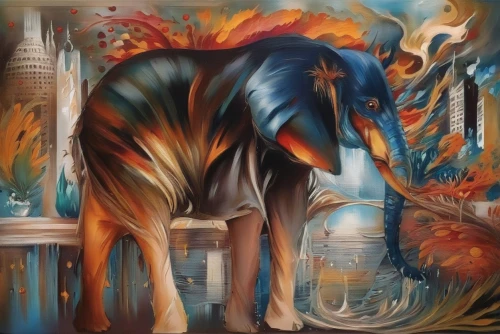 colorful horse,circus elephant,painted horse,pachyderm,indian elephant,unicorn art,fire horse,girl elephant,carousel horse,blue elephant,carnival horse,whimsical animals,the horse at the fountain,elephantine,fantasy art,glass painting,psychedelic art,elephant's child,equine,elephant,Illustration,Paper based,Paper Based 04