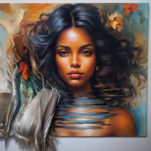 oil painting on canvas,boho art,polynesian girl,art painting,oil painting,mystical portrait of a girl,oil on canvas,african american woman,meticulous painting,fantasy portrait,fantasy art,girl portrait,young woman,african art,cherokee,beautiful african american women,painting technique,african woman,indigenous painting,cleopatra,Illustration,Paper based,Paper Based 04