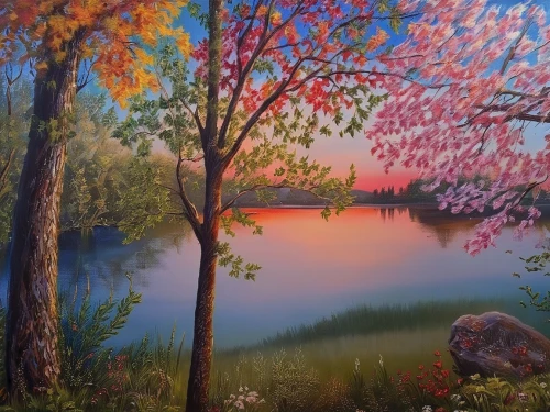 river landscape,forest landscape,meadow in pastel,meadow landscape,nature landscape,spring lake,autumn landscape,landscape background,springtime background,landscape nature,coastal landscape,oil painting,oil painting on canvas,evening lake,cherry trees,art painting,salt meadow landscape,home landscape,natural landscape,robert duncanson,Illustration,Paper based,Paper Based 04