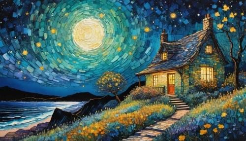 starry night,vincent van gogh,vincent van gough,post impressionism,motif,night scene,starry sky,home landscape,art painting,the night sky,astronomer,oil painting on canvas,lonely house,cottage,fantasy art,astronomy,post impressionist,house painting,fantasy picture,houses clipart,Conceptual Art,Oil color,Oil Color 10
