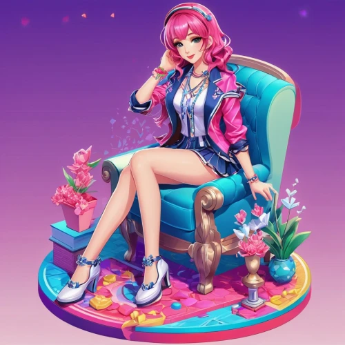 floral chair,sitting on a chair,rockabella,poker primrose,candy island girl,3d figure,game illustration,neo-burlesque,camellia,pink chair,stylized macaron,donut illustration,rosa ' amber cover,artist doll,horoscope libra,hip rose,3d fantasy,zodiac sign libra,fantasy girl,cosmetics counter,Unique,3D,Isometric