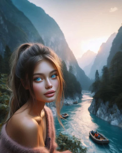 girl on the river,fantasy portrait,world digital painting,mystical portrait of a girl,moana,fantasy picture,the blonde in the river,himalaya,annapurna,fjord,fantasy art,mulan,tigers nest,eurasian,himalayan,elsa,idyllic,avatar,the spirit of the mountains,water nymph