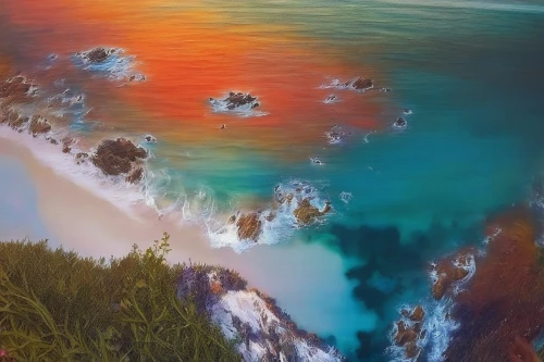 colorful water,cliffs ocean,volcano pool,shipwreck beach,tide pool,colorful grand prismatic spring,acid lake,underwater landscape,rainbow waves,coral swirl,pink beach,lava river,lava flow,tropical sea,bermuda,sea water splash,pacific coastline,aerial view of beach,sea landscape,beach landscape,Illustration,Paper based,Paper Based 04