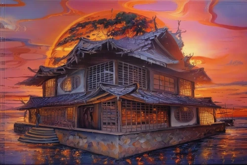fisherman's house,asian architecture,houseboat,wooden house,stilt house,japanese architecture,house with lake,japanese restaurant,floating huts,ancient house,stilt houses,wooden houses,house by the water,house of the sea,oriental painting,japan landscape,japanese art,lonely house,chinese architecture,boat house,Illustration,Paper based,Paper Based 04