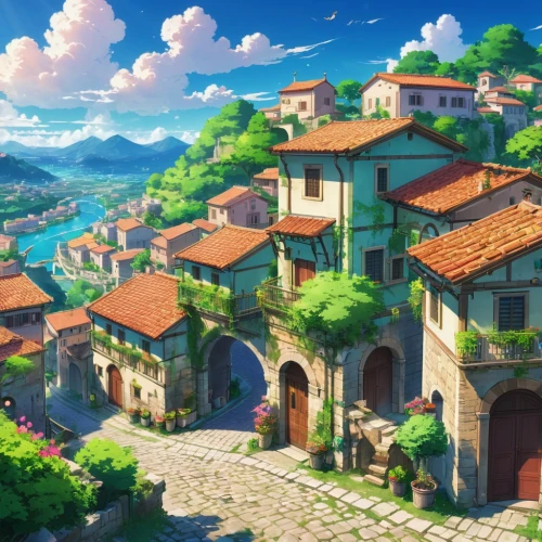 meteora,aurora village,knight village,ancient city,volterra,studio ghibli,mountain village,medieval town,alpine village,violet evergarden,tuscan,spa town,mountain settlement,villages,roof landscape,skyscraper town,resort town,escher village,blocks of houses,medina,Illustration,Japanese style,Japanese Style 03