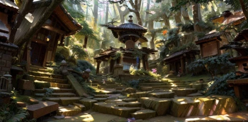 fairy village,mountain settlement,druid grove,house in the forest,elven forest,wooden path,forest path,elves flight,pathway,fantasy landscape,ancient city,fairy forest,concept art,the mystical path,stone stairway,forest glade,winding steps,fairy house,3d fantasy,tsukemono