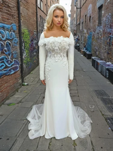 blonde in wedding dress,bridal clothing,bridal dress,wedding dress,bridal,wedding gown,wedding dress train,social,wedding photo,bridal party dress,mother of the bride,wedding dresses,quinceañera,bride,silver wedding,walking down the aisle,white winter dress,dead bride,quinceanera dresses,sun bride,Female,Northern Europeans,Curly,Youth & Middle-aged,L,Confidence,Wedding Dress,Outdoor,City Alleyway