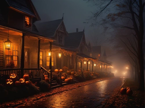 halloween scene,halloween and horror,autumn fog,halloween background,haunted house,the haunted house,halloween night,wooden houses,halloween ghosts,halloween poster,halloween wallpaper,night scene,victorian,haunt,evening atmosphere,haunted,halloweenkuerbis,atmospheric,pumpkin autumn,night image,Art,Classical Oil Painting,Classical Oil Painting 44