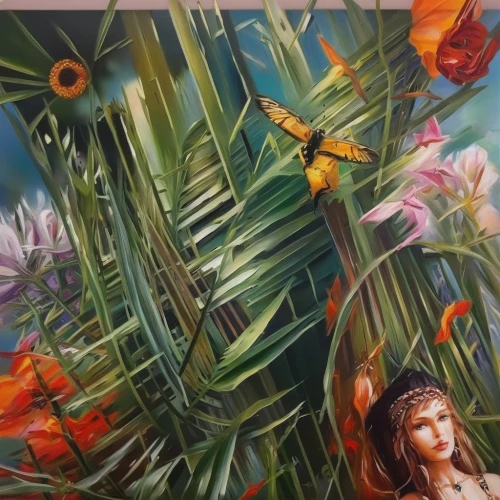 meticulous painting,sunflowers and locusts are together,butterfly background,flower painting,painting technique,hummingbirds,cupido (butterfly),glass painting,butterflies,monarch butterfly,sunflowers in vase,orange butterfly,butterfly milkweed,painting work,dragonflies,girl in flowers,detail shot,oil painting on canvas,dragonflies and damseflies,art painting,Illustration,Paper based,Paper Based 04