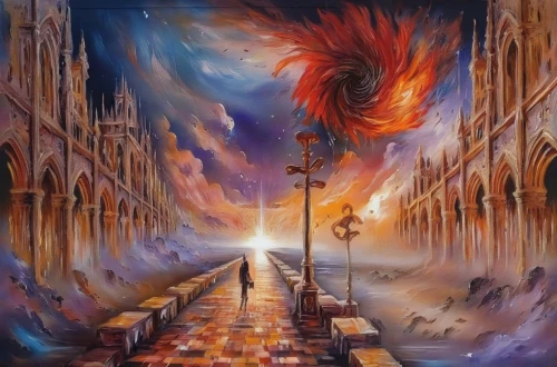 oil painting on canvas,hall of the fallen,pillar of fire,fantasy art,fantasy picture,oil on canvas,inferno,church painting,city in flames,oil painting,pilgrimage,burning torch,apocalypse,art painting,rain of fire,fantasy landscape,the mystical path,murano,fantasia,flame of fire,Illustration,Paper based,Paper Based 04