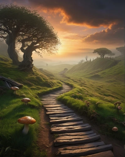 fantasy landscape,mushroom landscape,the mystical path,pathway,the path,fantasy picture,hobbiton,forest path,landscape background,path,hiking path,the way of nature,tree lined path,winding road,nature landscape,wooden path,tree top path,road of the impossible,forest landscape,landscapes beautiful,Illustration,American Style,American Style 02