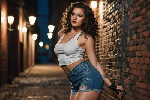 girl in overalls,photo session at night,denim skirt,jeans background,jean shorts,sexy girl,alleyway,alley,denim,female model,sexy woman,denims,bluejeans,cotton top,denim background,tori,plus-size model,alley cat,retro girl,beautiful young woman,Photography,Fashion Photography,Fashion Photography 03