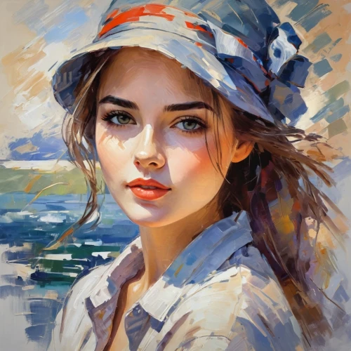 girl wearing hat,girl on the boat,girl portrait,girl on the river,romantic portrait,portrait of a girl,young woman,oil painting,girl drawing,art painting,italian painter,high sun hat,sun hat,the sea maid,photo painting,painting technique,painting,mystical portrait of a girl,vietnamese woman,artist portrait,Conceptual Art,Oil color,Oil Color 10
