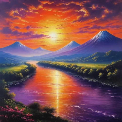 purple landscape,mountain sunrise,mount fuji,lava river,volcanic landscape,mt fuji,mountain landscape,fuji,landscape background,japan landscape,volcanos,river landscape,japanese mountains,fuji mountain,stratovolcano,mountainous landscape,mountain scene,hokkaido,volcano,mount scenery,Illustration,Realistic Fantasy,Realistic Fantasy 25