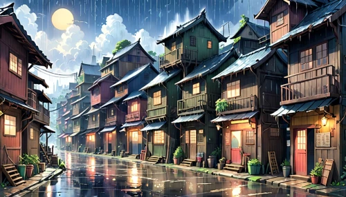 wooden houses,medieval street,rainy,rainy season,alleyway,alley,houses clipart,narrow street,japanese umbrellas,fantasy city,rainstorm,heavy rain,after rain,rainy day,medieval town,tsukemono,japanese architecture,the cobbled streets,kyoto,umbrellas,Anime,Anime,Realistic