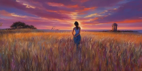 meadow in pastel,purple landscape,pink grass,wheat field,prairie,mirror in the meadow,world digital painting,in the tall grass,girl in a long,landscape background,rural landscape,meadow landscape,wheat fields,digital painting,lavender field,girl on the dune,rye field,pink dawn,cosmos field,yellow grass,Illustration,Paper based,Paper Based 04