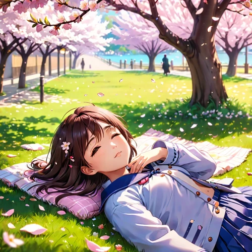 japanese sakura background,sakura background,spring background,cherry blossoms,girl lying on the grass,springtime background,the cherry blossoms,sakura blossoms,cold cherry blossoms,sakura blossom,cherry blossom,sakura flowers,cherry petals,spring blossoms,sakura trees,idyllic,lying down,spring leaf background,sakura tree,sea of flowers,Anime,Anime,Realistic