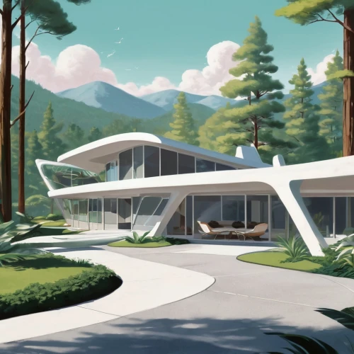 mid century house,mid century modern,futuristic architecture,futuristic landscape,mid century,futuristic art museum,modern architecture,house in the mountains,modern house,home of apple,luxury property,aileron,house in the forest,smart house,house in mountains,frame house,holiday home,alpine drive,residential,home landscape,Illustration,Retro,Retro 12