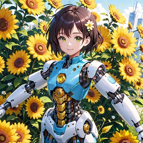 field of flowers,flower background,delphinium,flower field,flowers field,bright flowers,holding flowers,sunflowers,blooming field,falling flowers,floral background,summer flower,mecha,celestial chrysanthemum,chrysanths,marguerite,sunflower field,ai,flower garden,robotics,Anime,Anime,Realistic