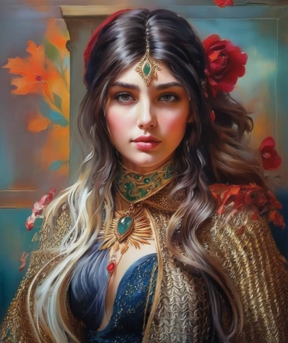 fantasy portrait,mystical portrait of a girl,oil painting on canvas,fantasy art,fantasy woman,wonderwoman,girl in a wreath,girl portrait,portrait of a girl,oil painting,romantic portrait,autumn icon,fairy tale character,art painting,celtic queen,world digital painting,boho art,radha,the enchantress,thracian,Illustration,Paper based,Paper Based 04