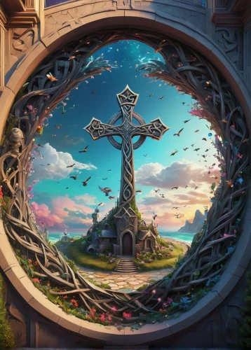 celtic cross,the cross,cross,high cross,heaven gate,wooden cross,the grave in the earth,wayside cross,druid stone,easter banner,necropolis,jesus christ and the cross,jesus cross,easter background,portal,place of pilgrimage,the order of the fields,hall of the fallen,crosses,holy cross,Art,Classical Oil Painting,Classical Oil Painting 40