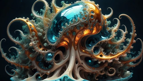 cnidaria,deep sea nautilus,nautilus,cuthulu,cnidarian,water creature,cephalopod,god of the sea,lion's mane jellyfish,tentacles,fractal art,octopus,fractalius,jellyfish,tree mushroom,mandelbulb,symbiotic,octopus tentacles,coral swirl,fractals art