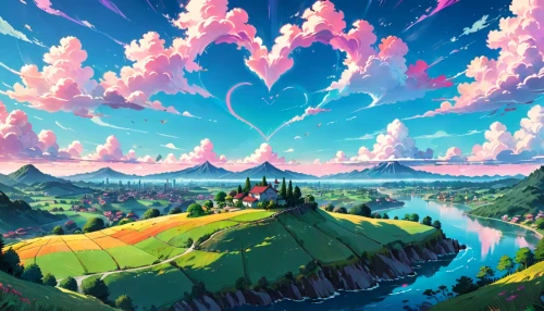 hot-air-balloon-valley-sky,fantasy landscape,fairy world,fairy chimney,mountain world,mushroom landscape,rainbow clouds,cloud mountain,cloud mountains,fantasy world,high mountains,high landscape,mountain landscape,wonderland,dream world,mountains,panoramical,hot air balloons,valley,3d fantasy,Anime,Anime,Traditional