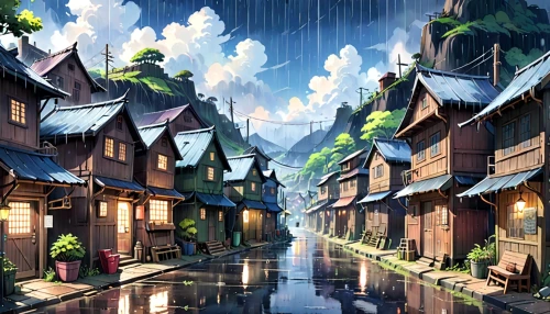 wooden houses,rainy season,mountain village,aurora village,houses clipart,rainy,alpine village,knight village,rainstorm,after rain,fantasy city,resort town,landscape background,mountain settlement,fantasy landscape,hanging houses,rainy day,japan landscape,medieval street,spa town,Anime,Anime,Realistic