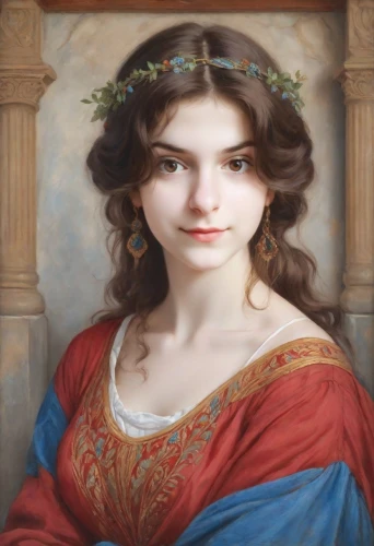 portrait of a girl,artemisia,cepora judith,romantic portrait,mystical portrait of a girl,fantasy portrait,young woman,girl in a wreath,emile vernon,girl portrait,vintage female portrait,portrait background,marguerite,la violetta,portrait of a woman,angelica,flora,lacerta,young lady,woman portrait,Digital Art,Classicism