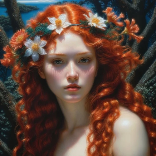 rusalka,faery,fantasy portrait,dryad,girl in a wreath,faerie,mystical portrait of a girl,water nymph,orange blossom,merida,spring crown,redheads,red-haired,fantasy art,poison ivy,fae,siren,coral bells,elven flower,fairy queen,Photography,Artistic Photography,Artistic Photography 02