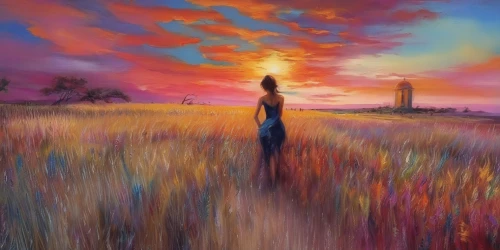 meadow in pastel,world digital painting,cosmos field,purple landscape,color fields,fantasy picture,girl in a long,landscape background,girl walking away,blooming field,wheat field,woman walking,photo painting,pilgrim,wheat fields,virtual landscape,art painting,flower in sunset,oil painting,prairie,Illustration,Paper based,Paper Based 04