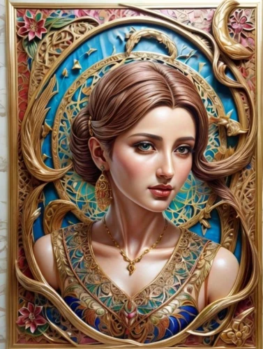 art nouveau frame,copper frame,art nouveau frames,decorative frame,art deco frame,gold foil art deco frame,fantasy portrait,oil painting on canvas,princess anna,fairy tale character,gold foil art,gold frame,rapunzel,gold stucco frame,decorative art,henna frame,art painting,fairy tale icons,girl in a wreath,art nouveau