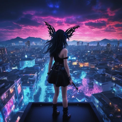 above the city,cyberpunk,fantasy city,rooftops,on the roof,dusk background,sky butterfly,harajuku,fantasy picture,3d fantasy,rooftop,fantasia,fantasy world,music fantasy,dusk,skycraper,dream world,hatsune miku,fantasy,cityscape,Conceptual Art,Fantasy,Fantasy 31