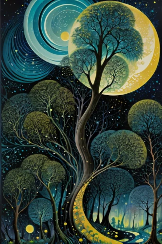 celtic tree,moonlit night,starry night,night scene,the branches of the tree,tree grove,magic tree,carol colman,tree canopy,starry sky,forest of dreams,tree of life,night stars,the night sky,the trees,mother earth,forest tree,spring equinox,trees with stitching,wondertree