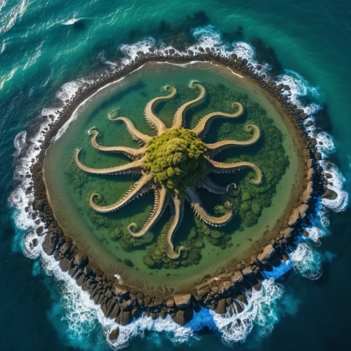 tide pool,mushroom island,uninhabited island,coral swirl,floating island,artificial island,octopus,artificial islands,islet,floating islands,green island,island suspended,algae,anemone of the seas,atoll from above,coral reef,cnidaria,kraken,brain coral,octopus tentacles,Photography,General,Realistic