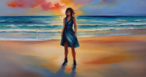 oil painting on canvas,oil painting,art painting,beach background,sun and sea,beach landscape,walk on the beach,girl walking away,woman walking,photo painting,oil on canvas,girl on the dune,sea breeze,watercolor painting,watercolor background,glass painting,beach walk,girl in a long,sea landscape,seascape,Illustration,Paper based,Paper Based 04