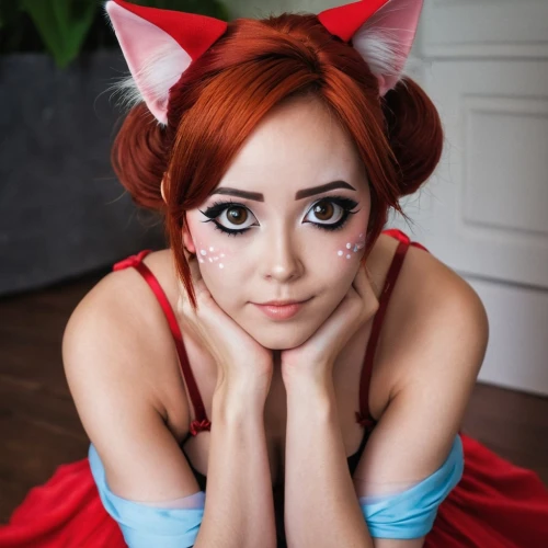 cat ears,minnie mouse,cosplay image,red cat,cat kawaii,cosplay,little red riding hood,lindsey stirling,red bow,minnie,redhead doll,doll cat,red riding hood,red tabby,harley quinn,fae,japanese kawaii,cosplayer,mikuru asahina,asuka langley soryu,Conceptual Art,Fantasy,Fantasy 06