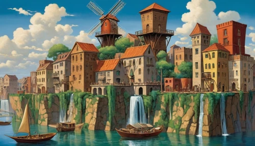 hanseatic city,dutch landscape,venezia,venetian,bremen,harbor,luneburg,delft,colmar,medieval town,coastal landscape,sea landscape,fantasy city,boat landscape,escher village,crane houses,münsterland,lombardy,europe,popeye village,Illustration,Realistic Fantasy,Realistic Fantasy 21