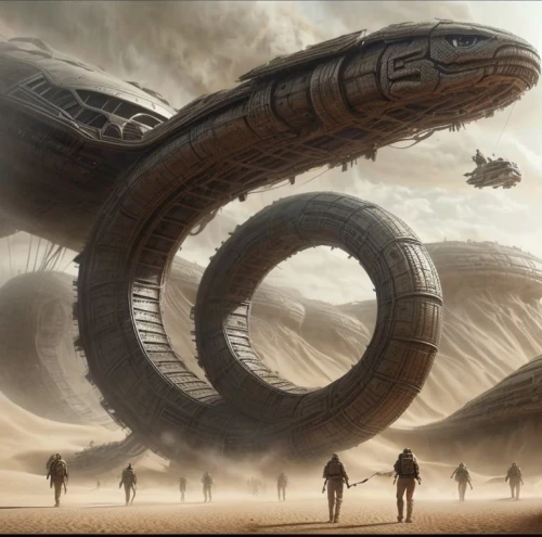 airships,stargate,ringed-worm,alien ship,sci fi,dune,arrival,futuristic landscape,helix,sci - fi,sci-fi,scifi,centipede,sci fiction illustration,alien world,alien planet,wormhole,coils,airship,dystopian