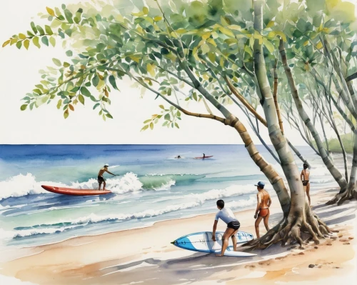 beach landscape,people on beach,sea kayak,surfers,surfboat,sea beach,coastal landscape,surf fishing,water color,surfing equipment,beach scenery,playa francesca,marathias beach,matira beach,frangipani,watercolor painting,petulubali,watercolor sketch,watercolor,molokai,Art,Classical Oil Painting,Classical Oil Painting 02