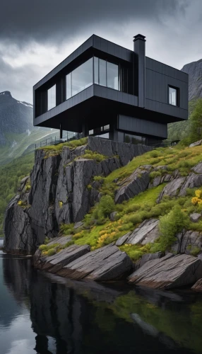 house with lake,house by the water,house in mountains,house in the mountains,modern house,modern architecture,lago grey,cubic house,floating huts,dunes house,cube stilt houses,danish house,houseboat,cube house,nordland,icelandic houses,beautiful home,inverted cottage,scandinavian style,futuristic architecture,Photography,General,Natural