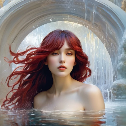 fantasy portrait,rusalka,water nymph,siren,fantasy art,mermaid background,merfolk,world digital painting,fantasy picture,girl on the river,submerged,red-haired,mystical portrait of a girl,immersed,ariel,watery heart,underwater background,mermaid,the sea maid,faery,Illustration,Japanese style,Japanese Style 09